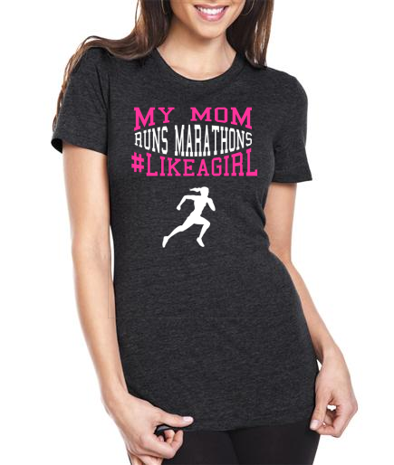 My Mom Runs Marathons Black Ladies Tri Blend Crew Black Shirt